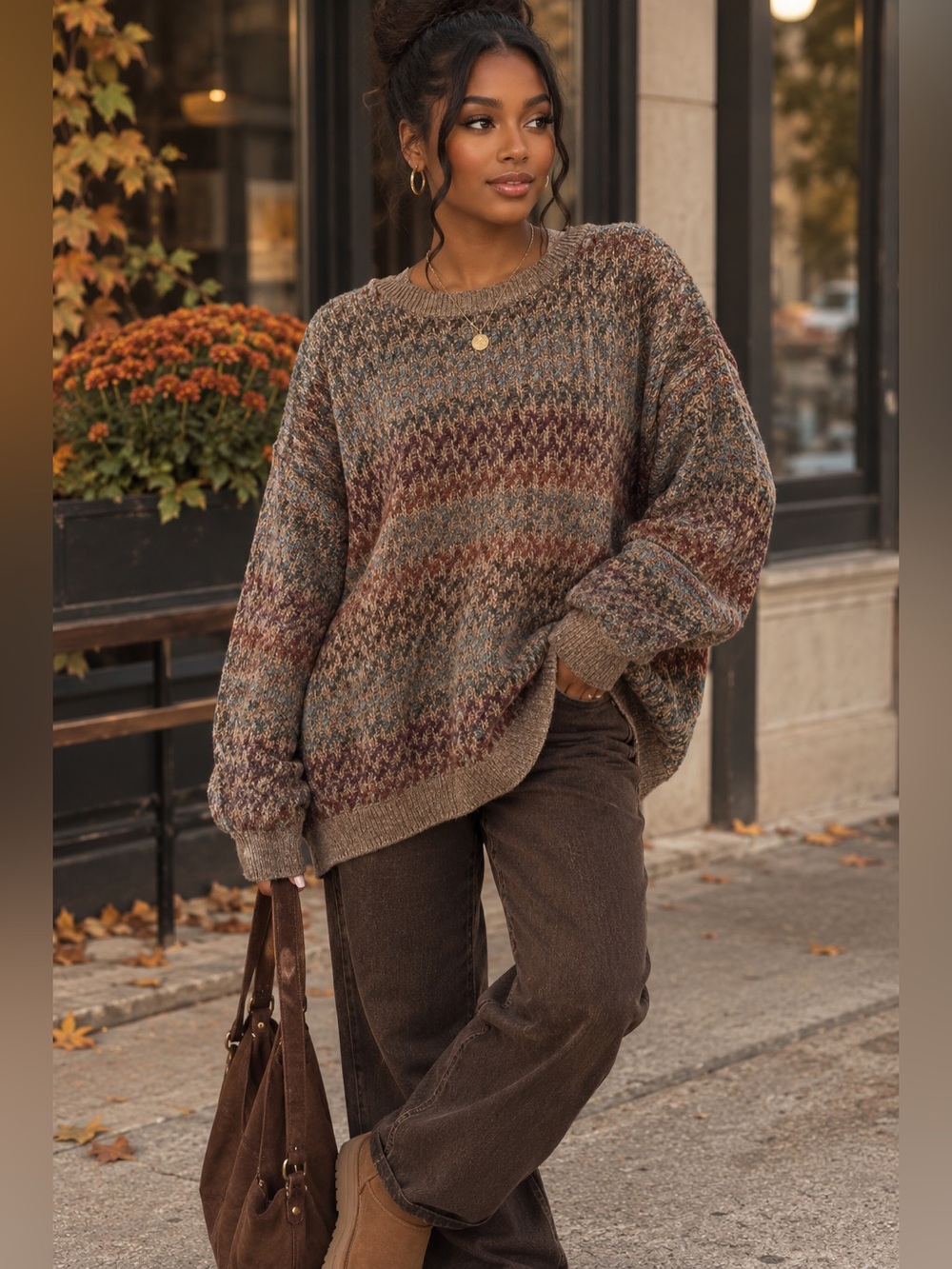 Multicolor Knit Crewneck Sweater in Brown and Blue